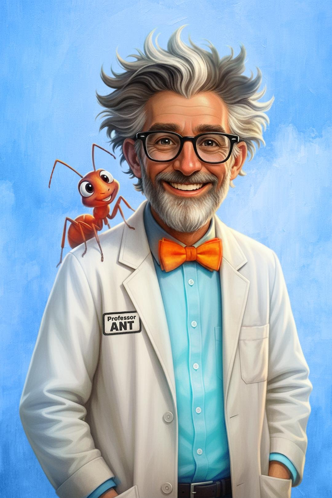 Professor ANT in his lab coat with Ron the ant on his shoulder