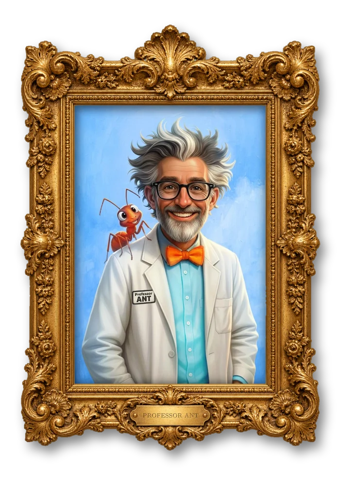 Professor ANT with Ron the ant on his shoulder in an ornate gold portrait frame