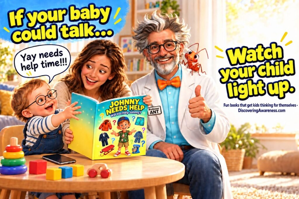 Excited toddler reaching for Johnny Needs Help book with mom and Professor ANT