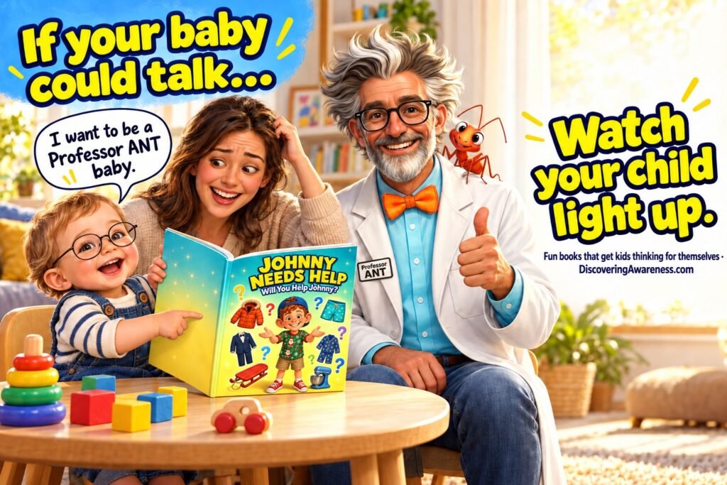 Toddler reading Johnny Needs Help with mom and Professor ANT