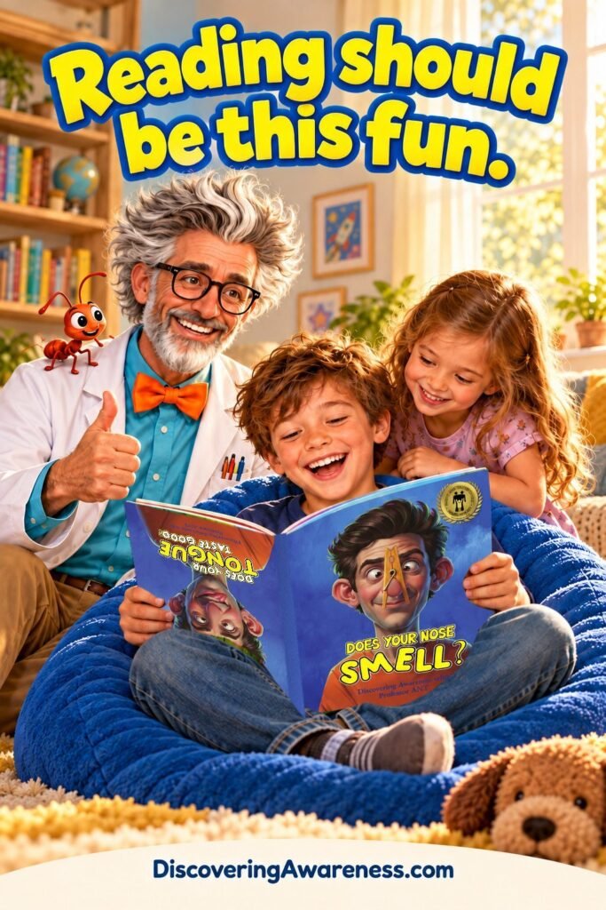 Boy laughing while reading Does Your Nose Smell? with his sister and Professor ANT