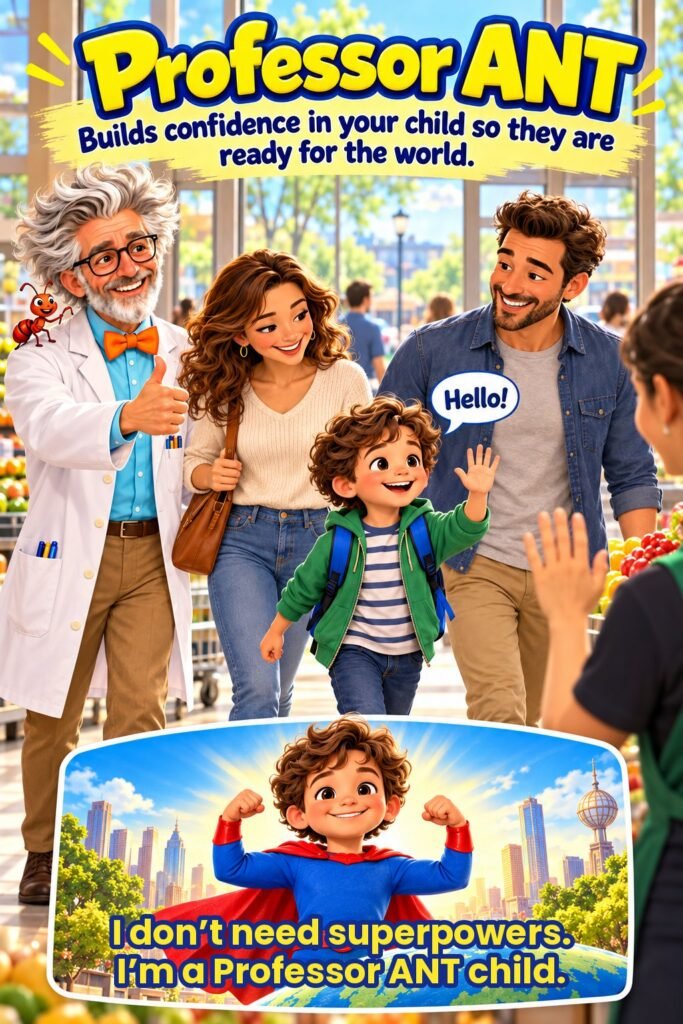 Confident boy says hello at the store with his family and Professor ANT: I don’t need superpowers, I’m a Professor ANT child
