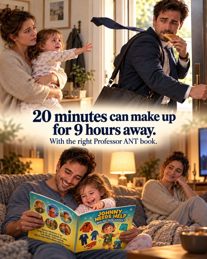 Working dad rushing out the door, then reading Johnny Needs Help! with his daughter at night. 20 minutes can make up for 9 hours away.